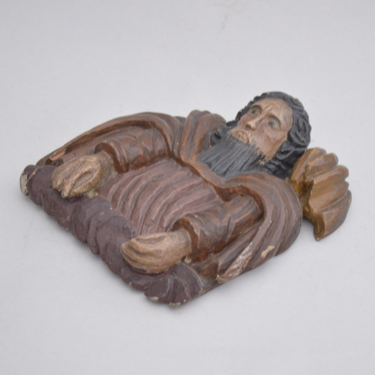 Carved And Polychrome Wooden Relief Depicting A Prophet Or Hermit. Circa 1840–1880-photo-4