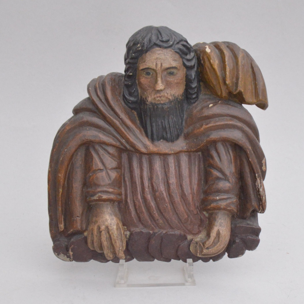 Carved And Polychrome Wooden Relief Depicting A Prophet Or Hermit. Circa 1840–1880