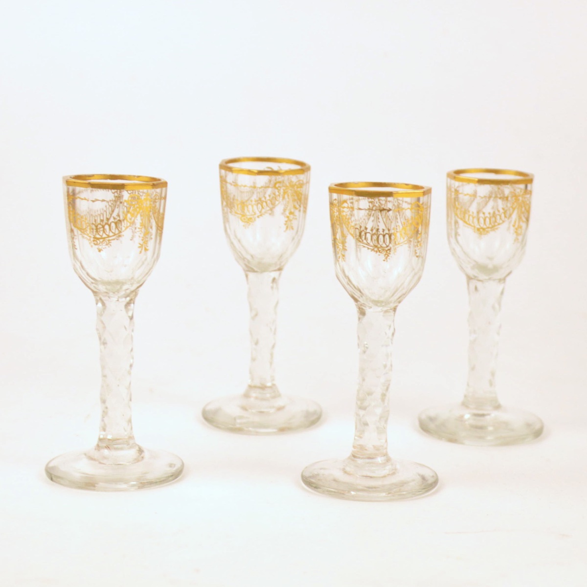 Four Small Wine Glasses Made Of Cut And Gilded Glass, England, Circa 1780