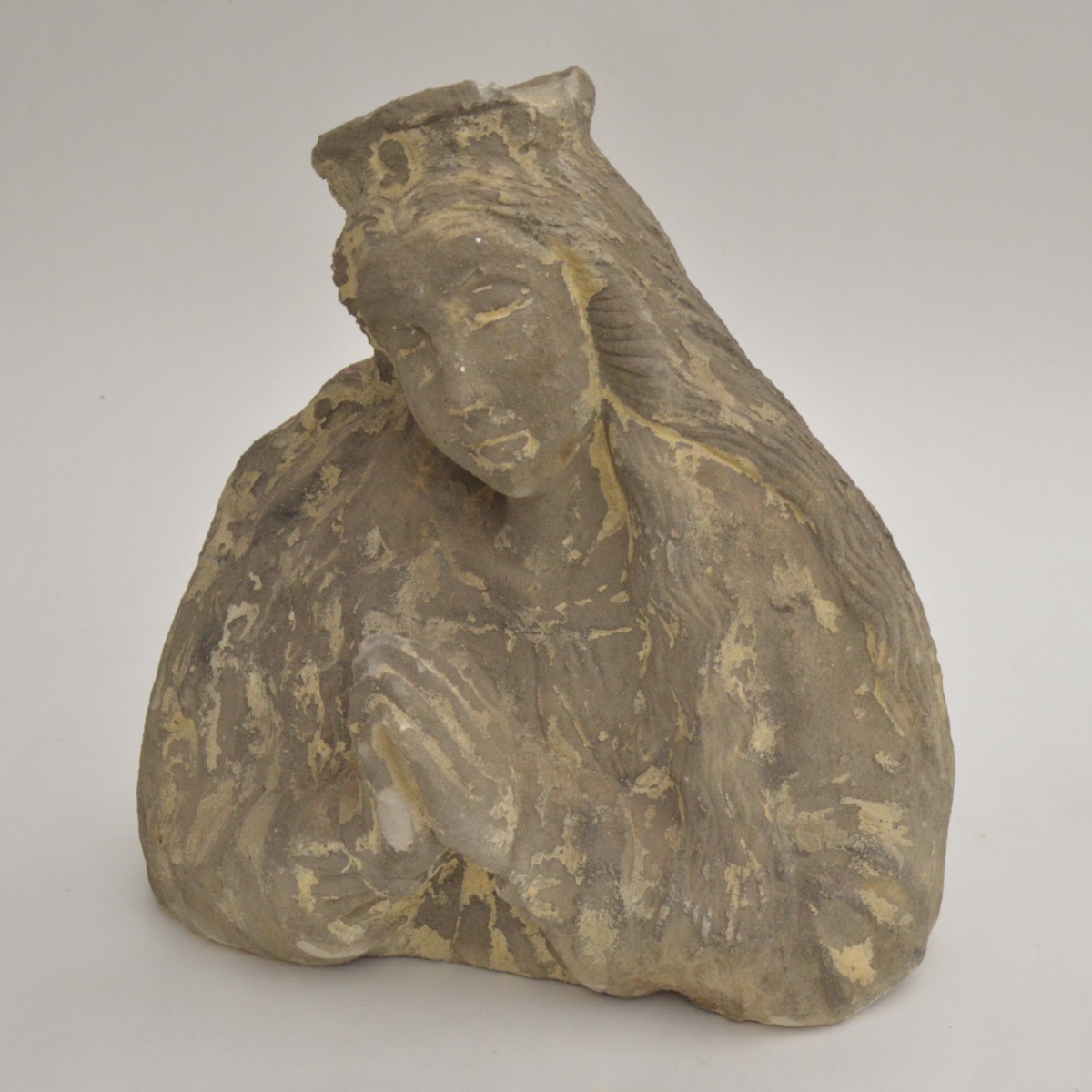 Veiled Bust Of A Saint, Carved From French Stone, Medieval Style, 19th Century
