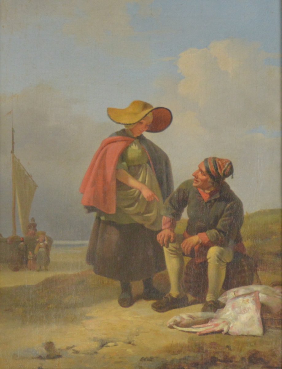 Jozef Geirnaert (1791-1859) Fish Seller And A Woman. Oil On Canvas.-photo-2
