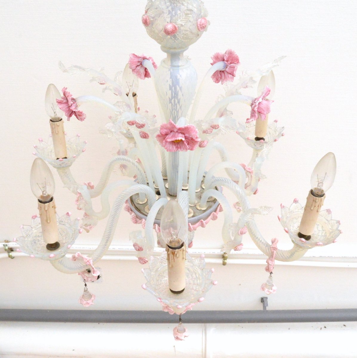 Venetian Opaline Murano Glass Chandelier With Six Branches-photo-1
