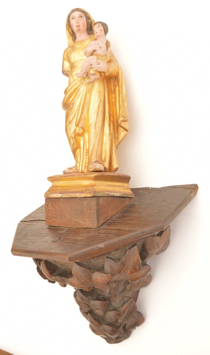 Gilt Carved Wooden Statue Of Madonna And Child On Wooden Console 18th Century-photo-2