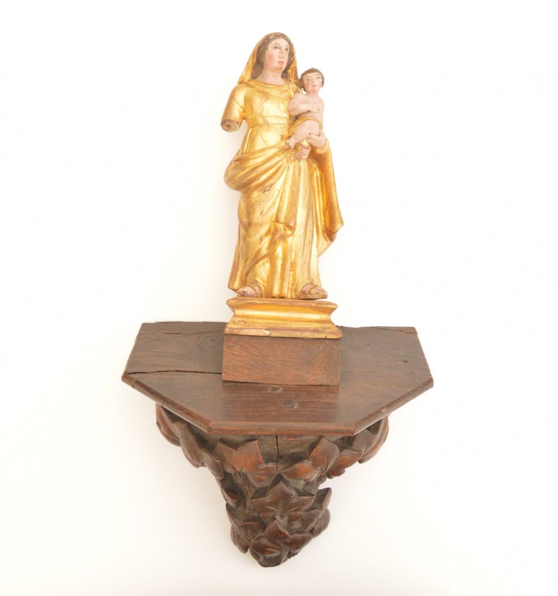 Gilt Carved Wooden Statue Of Madonna And Child On Wooden Console 18th Century