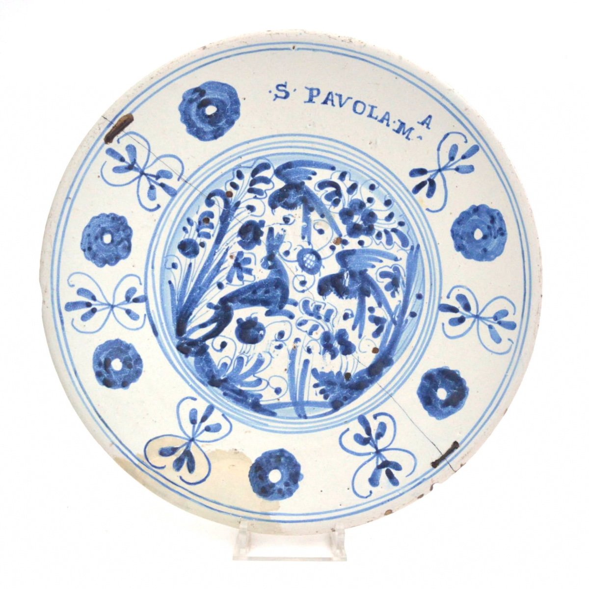 Plat En Faience De Deruta à Décor Lapin Et Oiseaux Blanc Bleu Époque XVIIème