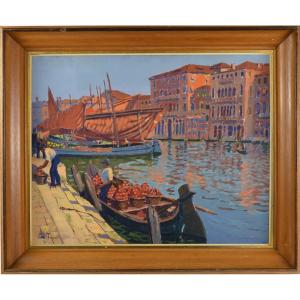 Lucien Frennet (1888-1949) The Rialto Market Venice Oil On Canvas