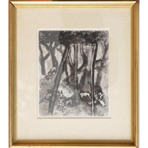 Marc Chagall Etching Wolves And Trees Illustration La Fontaine Circa 1927