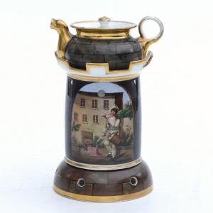 Tisanière En Porcelaine 19ème à Décor Commedia Dell'arte Et Nuit De Lune 