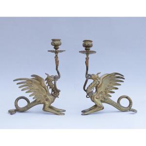 Pair Of Bronze Candlesticks Representing Dragons Circa 1900