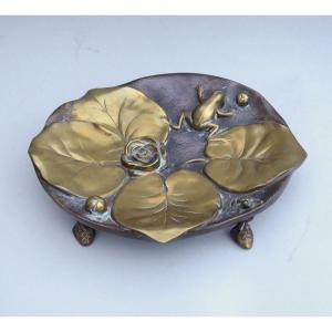 Bronze Tray Decorated With Water Lilies And Frogs Circa 1900