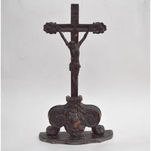 Large Carved Wooden Tabletop Crucifix, Baroque Style, 17th–18th Century