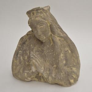 Veiled Bust Of A Saint, Carved From French Stone, Medieval Style, 19th Century