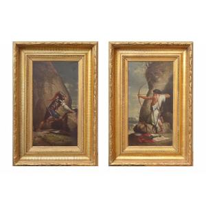 Pair Of  Paintings Depicting Soldier And Archer Oil On Panel 19th Century