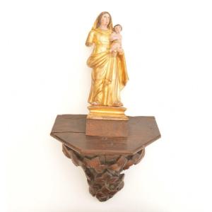 Statue En Bois Sculpté Laqué Et Doré Représentant Vierge à l'Enfant Sur Socle 18ème