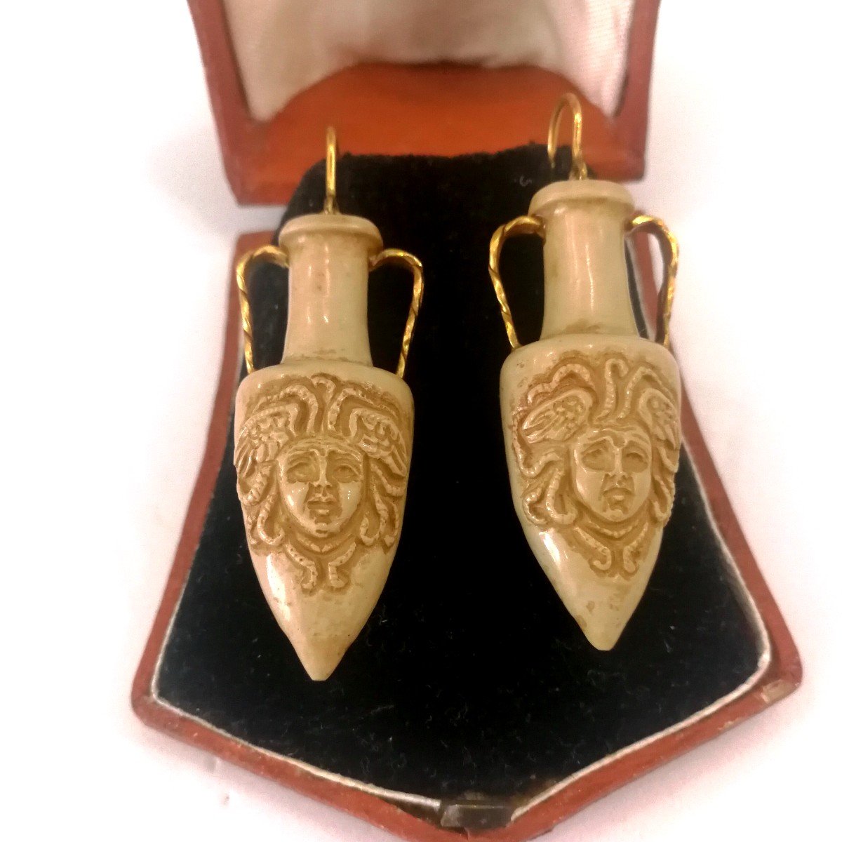 Earrings In The Shape Of Amphora Gold And Lava Stone, Italy Late 19th Century.