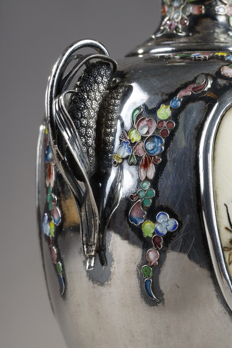 Vase De Style Shibayama En Argent Et Incrustation. ère Meiji. -photo-2