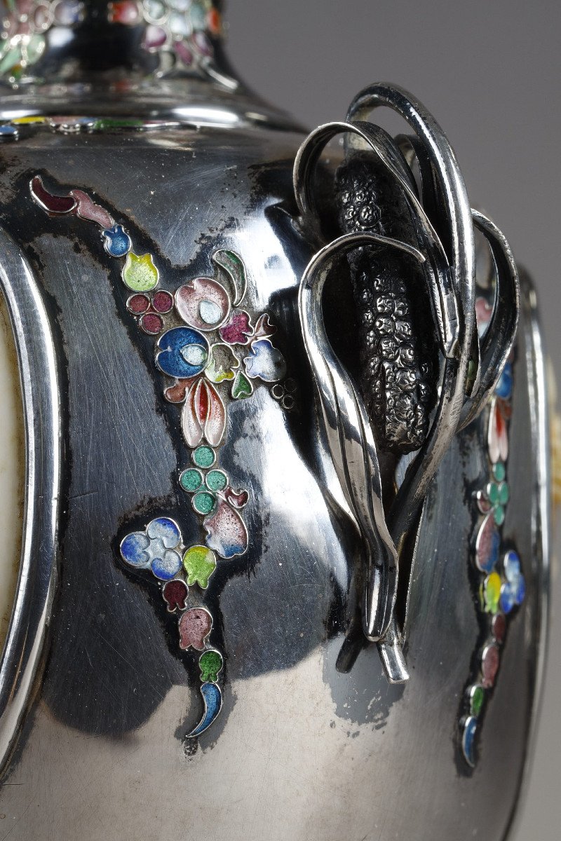 Vase De Style Shibayama En Argent Et Incrustation. ère Meiji. -photo-3
