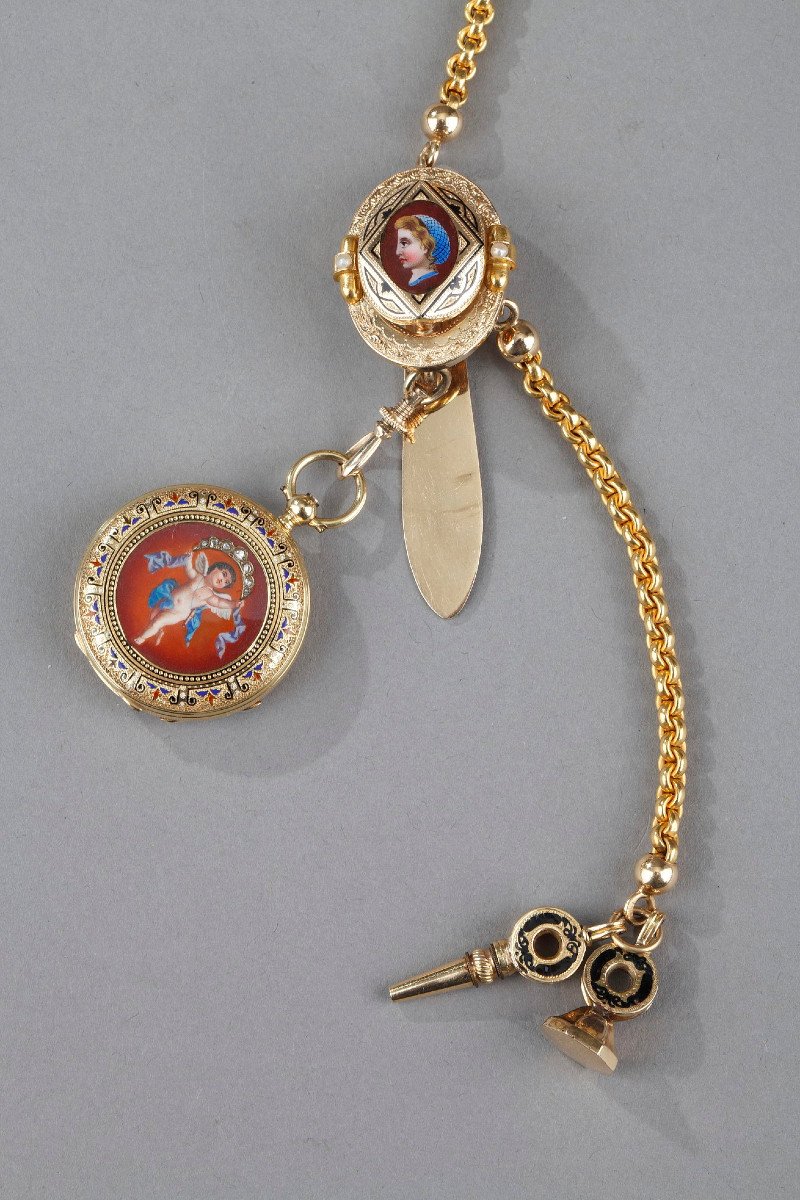 Mid-19th Century Gold Enamel Chatelaine With Frères Junod' Watch. Geneva. Circa 1850 -photo-3