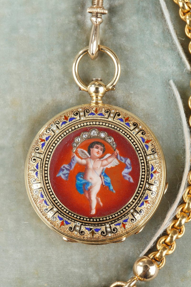 Mid-19th Century Gold Enamel Chatelaine With Frères Junod' Watch. Geneva. Circa 1850 -photo-2