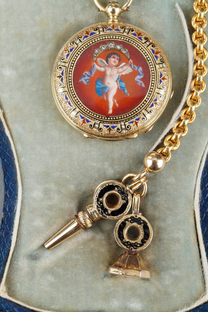 Mid-19th Century Gold Enamel Chatelaine With Frères Junod' Watch. Geneva. Circa 1850 -photo-3