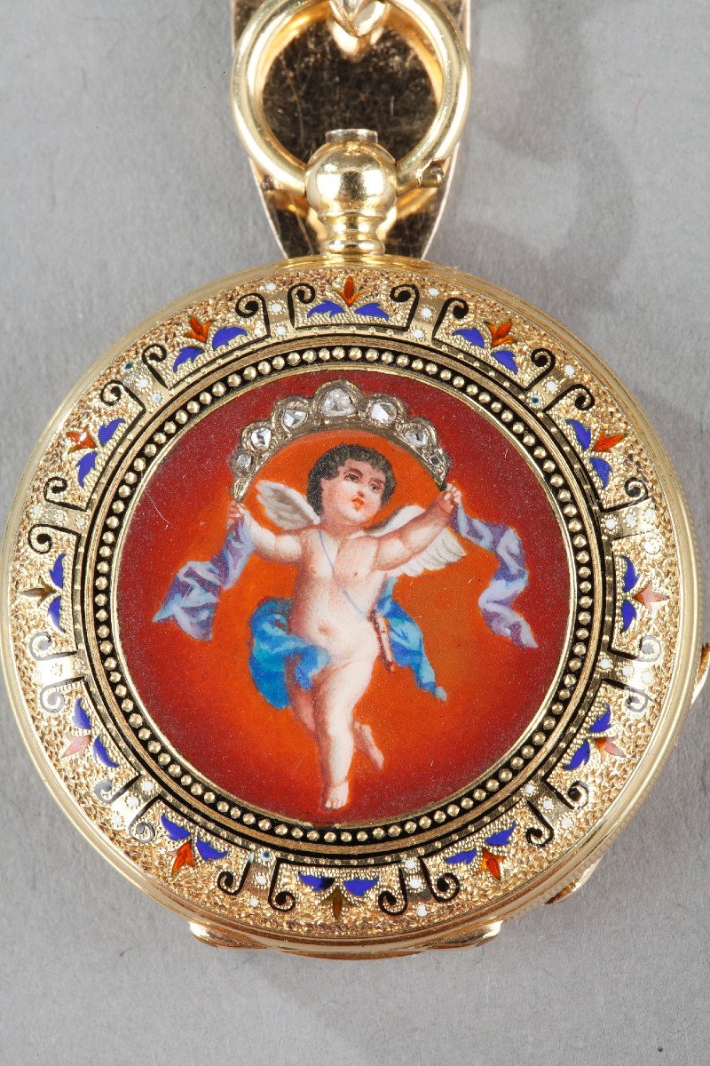 Mid-19th Century Gold Enamel Chatelaine With Frères Junod' Watch. Geneva. Circa 1850 -photo-4