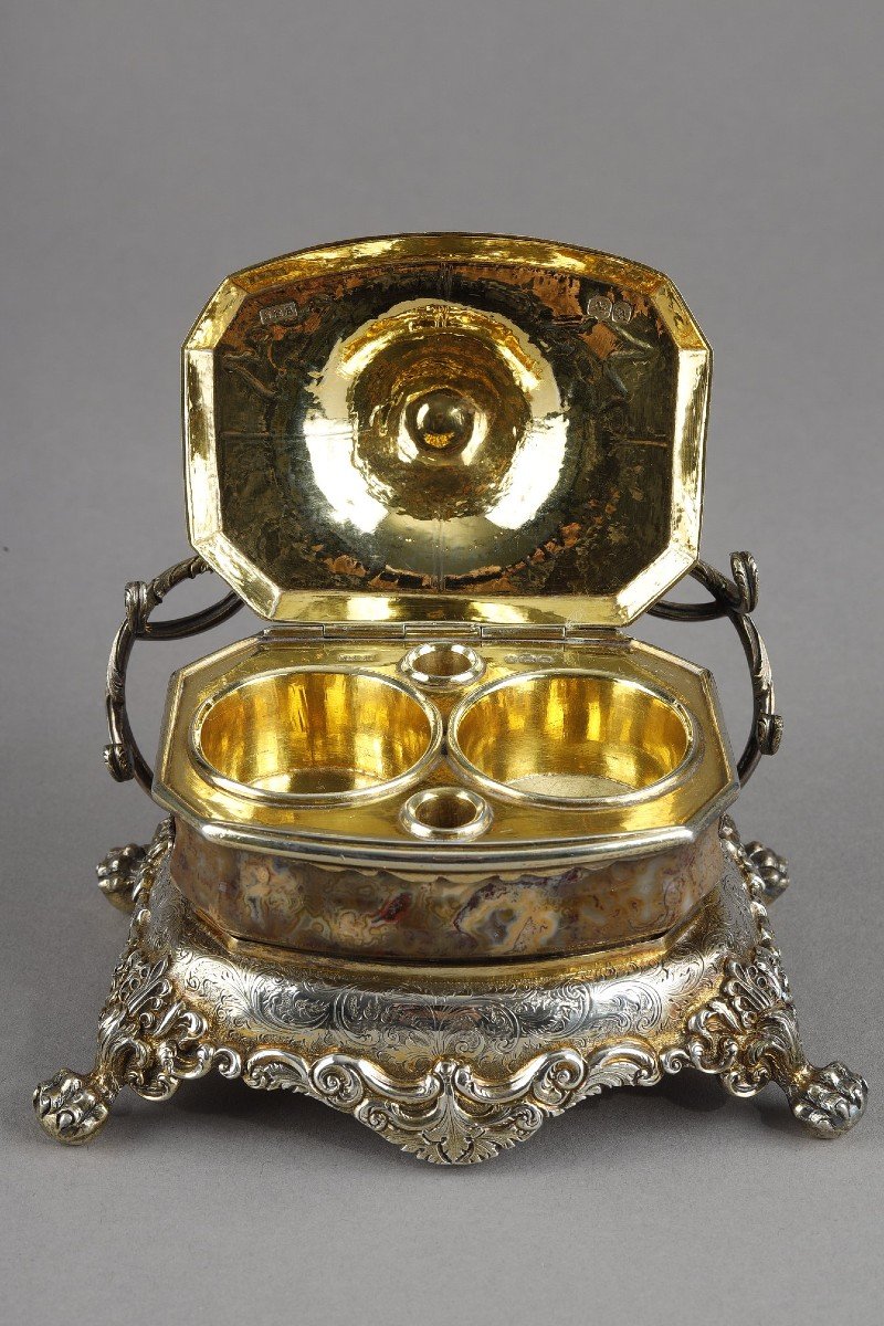 Inkwell In Vermeil And Agate. English Work. Circa 1830-photo-5