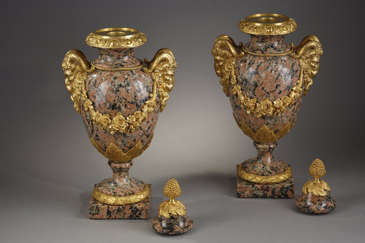 Pair Of Vases In Pink Granite And Gilt Bronze-photo-8