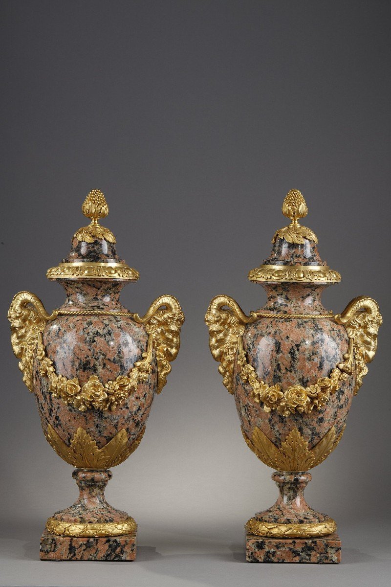 Pair Of Vases In Pink Granite And Gilt Bronze