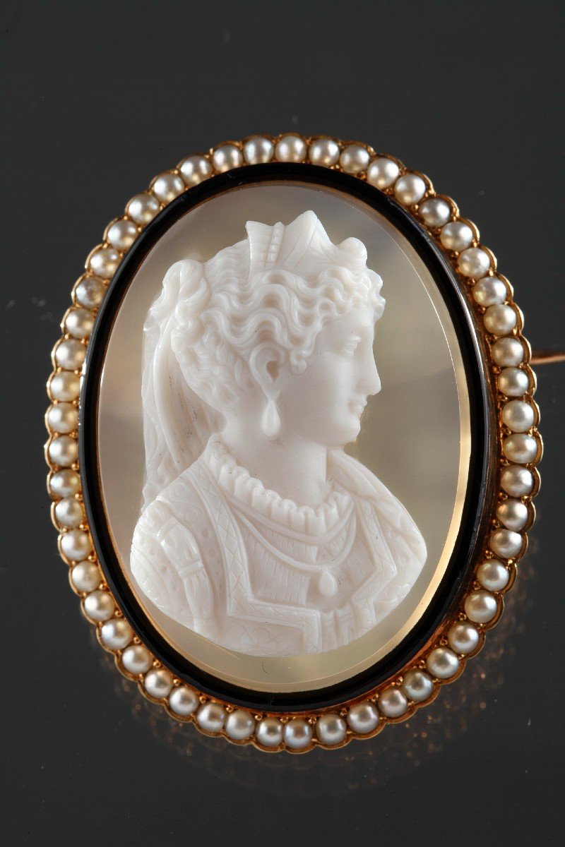 Broche Or, Perles Et Camée Sur Agate. XIXe Siècle. -photo-2