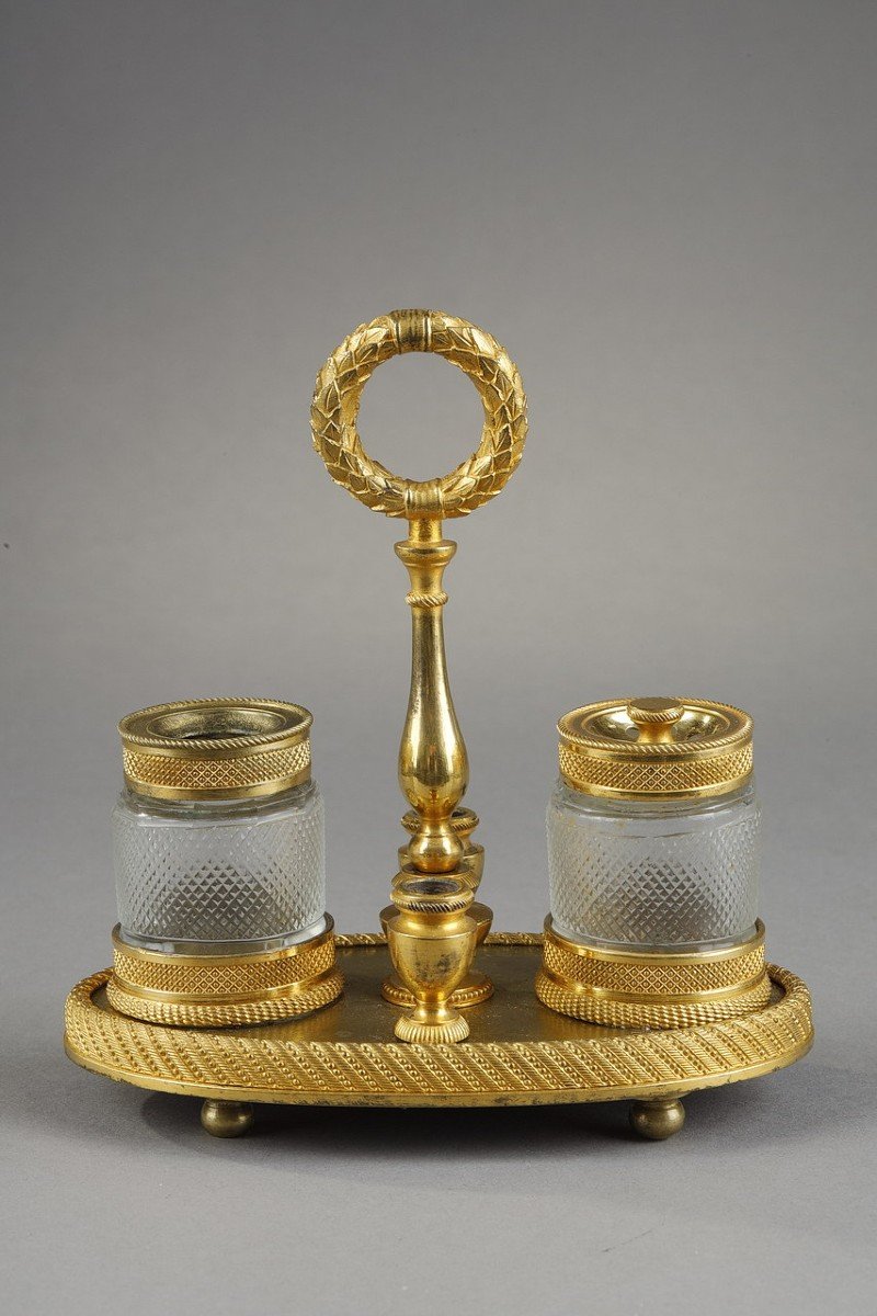 Inkwell In Cut Crystal And Gilt Bronze