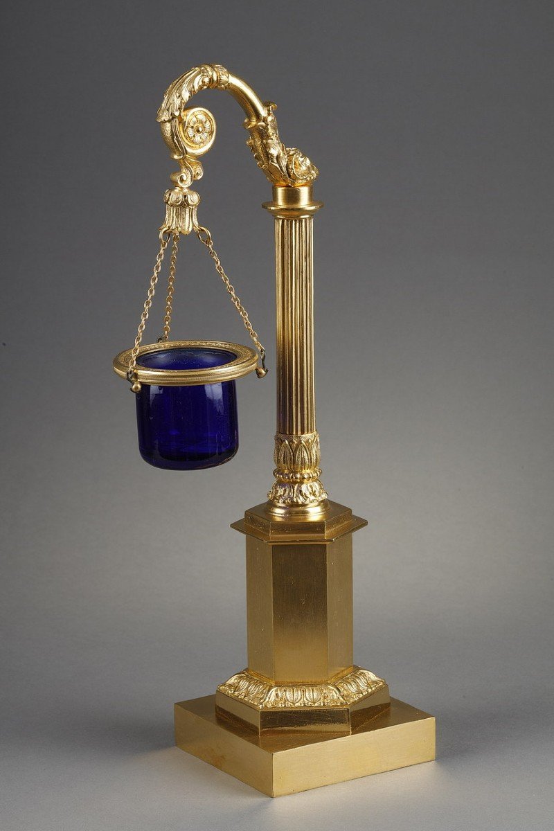 Veilleuse Bronze Doré Et Verre Bleu d'Epoque Restauration.-photo-3