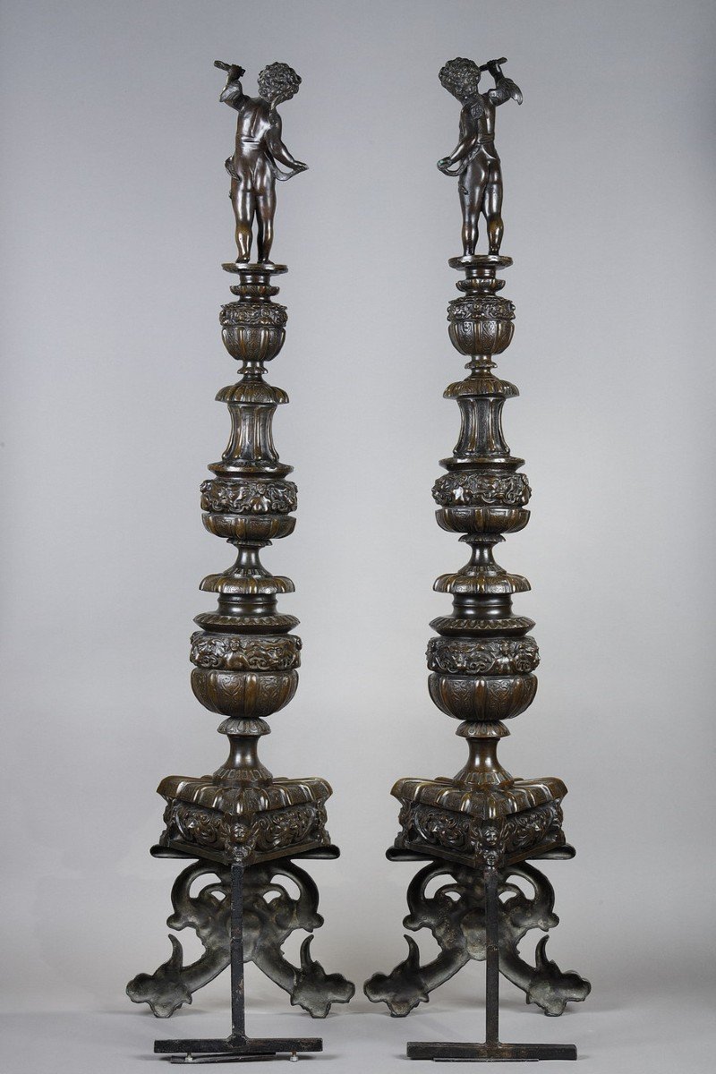 Pair Of Landiers Andirons In The Taste Of The Renaissance.-photo-2