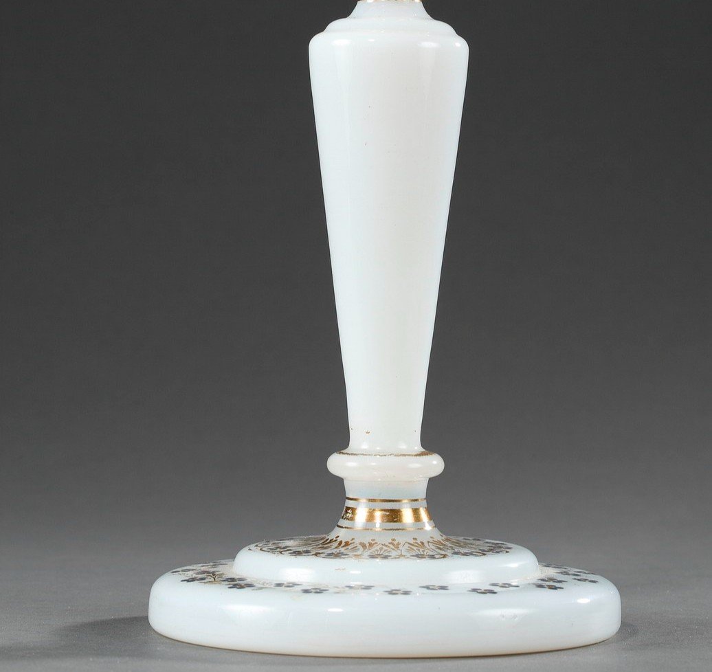 Opaline Candlestick, Gold And Silver Decor. Restoration Period.-photo-2