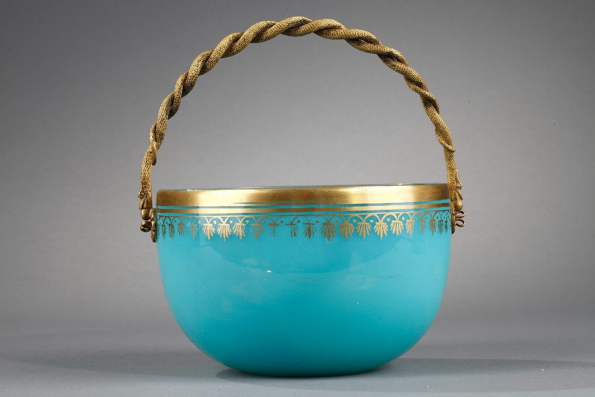 Coupe En Opaline Bleue Et Son Anse En Bronz, Restauration-photo-4