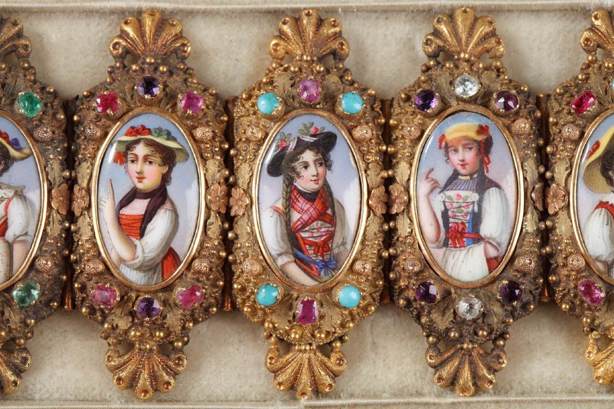 Bracelet Or, émail Et Pierres Fines, Milieu Du XIXème Siècle-photo-4