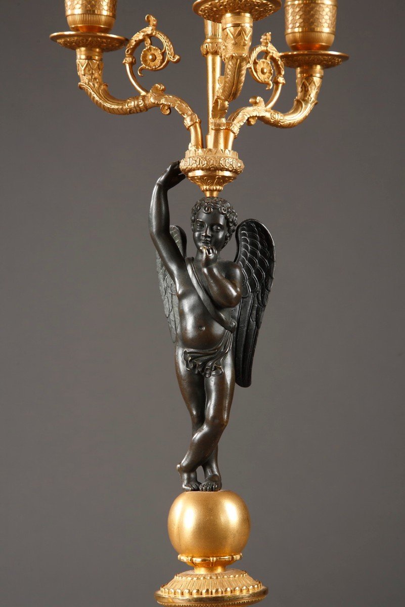 Pair Of Candelabra In Gilded Bronze And Patina. Restoration Period. -photo-7