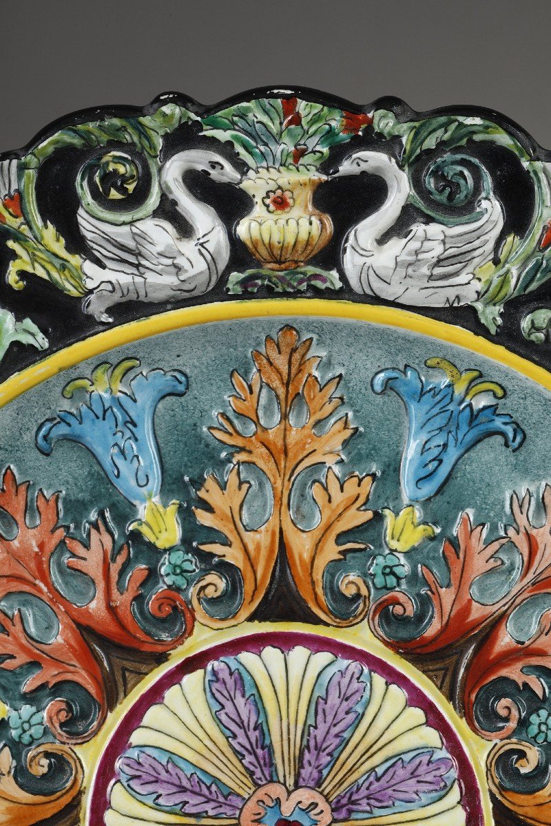 Longwy Plate Swan Decor, Dated 1877-photo-4