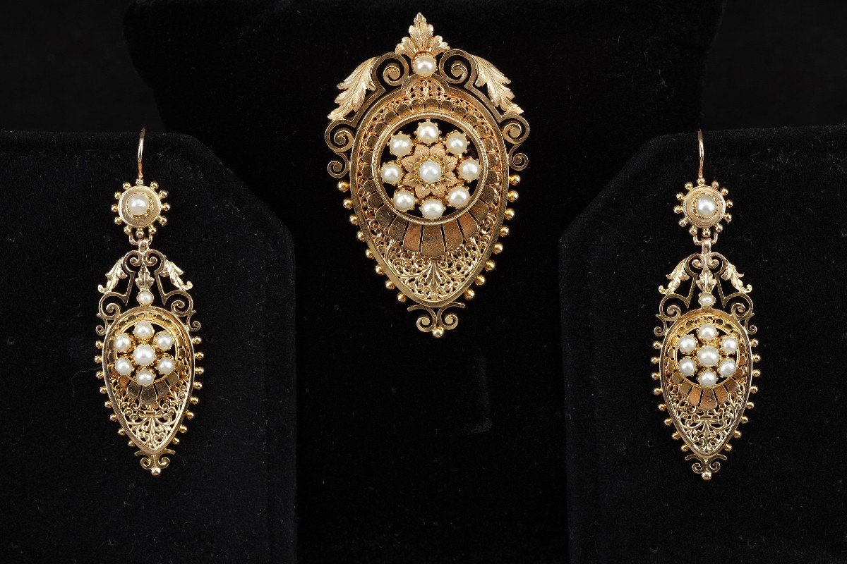 Napoleon III Gold And Pearl Earrings And Brooch Set-photo-2
