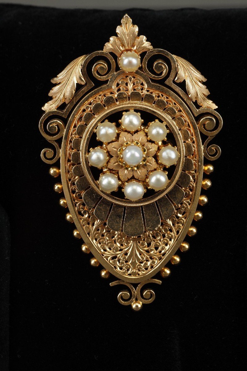Napoleon III Gold And Pearl Earrings And Brooch Set-photo-1