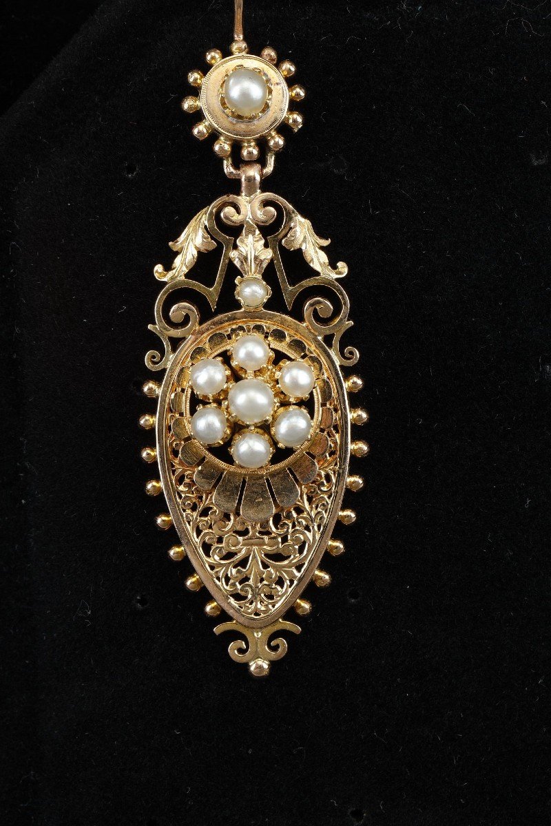 Napoleon III Gold And Pearl Earrings And Brooch Set-photo-3