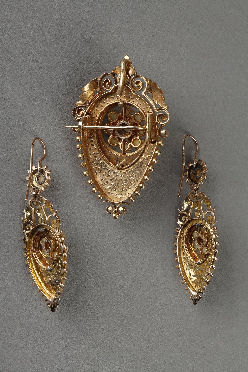 Napoleon III Gold And Pearl Earrings And Brooch Set-photo-4
