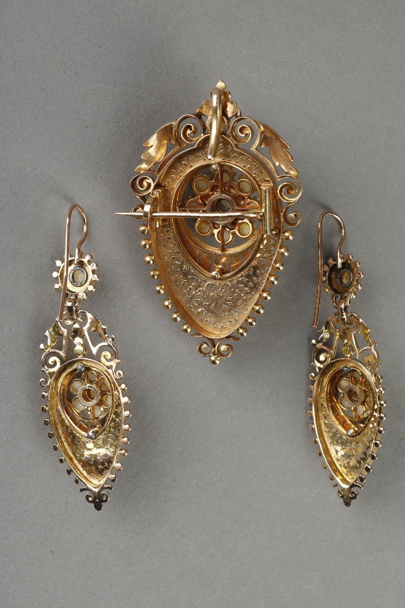 Napoleon III Gold And Pearl Earrings And Brooch Set-photo-6