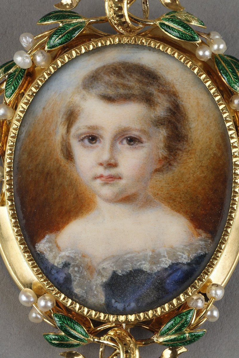 Gold Brooch And Miniature Girl On Ivory, 19th Century-photo-2