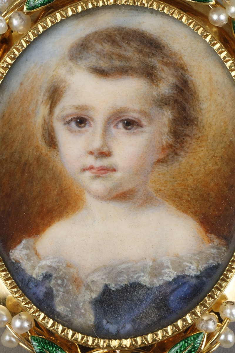 Gold Brooch And Miniature Girl On Ivory, 19th Century-photo-3