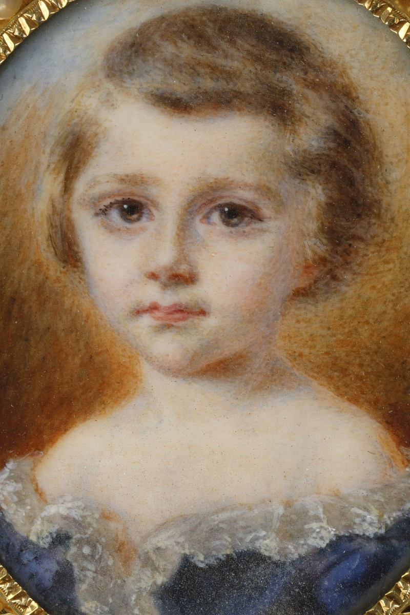 Gold Brooch And Miniature Girl On Ivory, 19th Century-photo-4