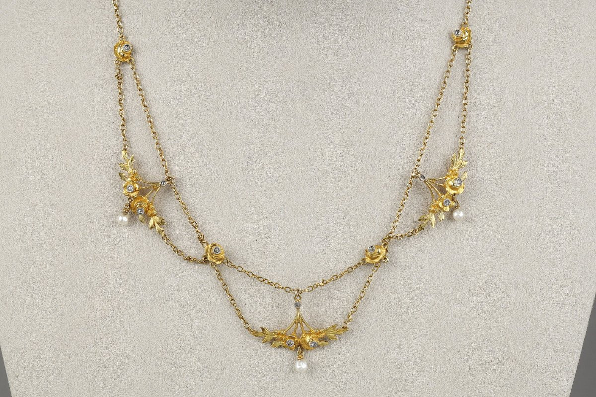 Gold, Fine Pearl And Diamond Necklace – French Work Circa 1900-photo-2
