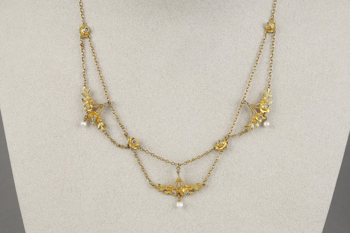 Gold, Fine Pearl And Diamond Necklace – French Work Circa 1900-photo-3