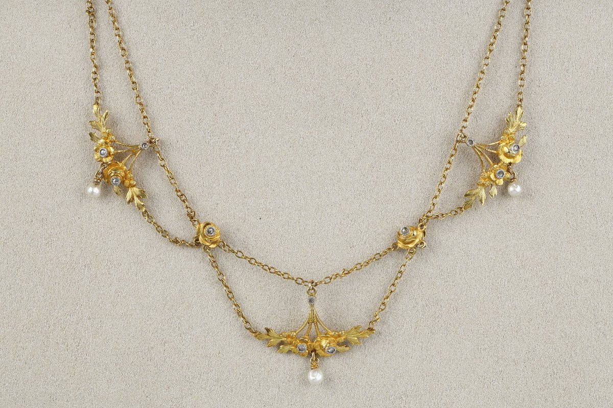 Gold, Fine Pearl And Diamond Necklace – French Work Circa 1900-photo-4