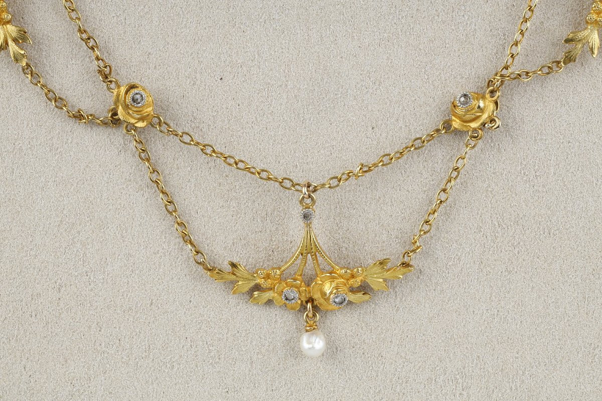 Gold, Fine Pearl And Diamond Necklace – French Work Circa 1900-photo-1