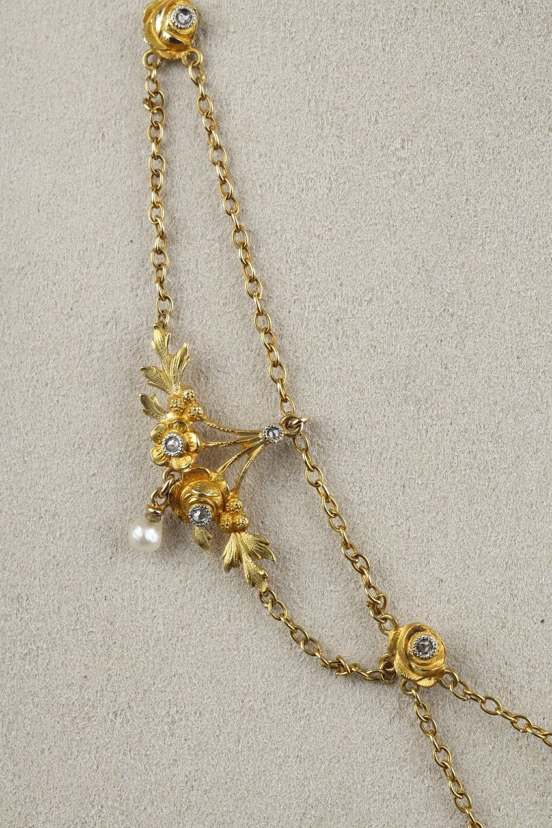 Gold, Fine Pearl And Diamond Necklace – French Work Circa 1900-photo-2